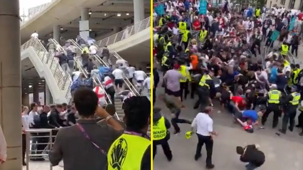 بالفيديو/ جماهير "بدون تذاكر" تحاول اقتحام "ويمبلي" بـ"القوة" وشرطة "مكافحة الشغب" تتدخل لاعتقال "المشاغبين"!