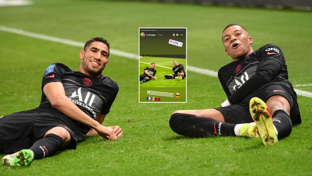 مبابي يحتفل بانتصار "بي إس جي" بصورة مع حكيمي وعلميْ "المغرب وفرنسا"