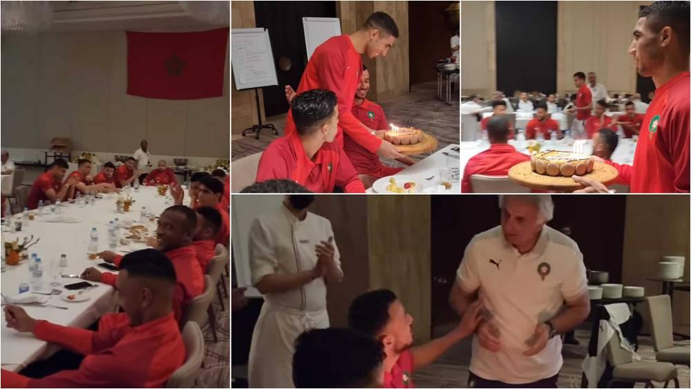 لاعبو المنتخب الوطني يحتفلون بسايس في مقر إقامة "الأسود" بالدار البيضاء