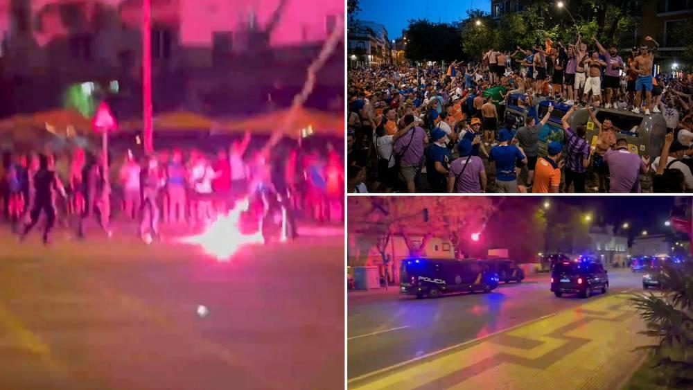 بتواجد قرابة 150 ألف مشجع للفريقين.. إشبيلية تشهد أعمال شغب بين جماهير فرانكفورت ورينجرز قبل نهائي الدوري الأوروبي