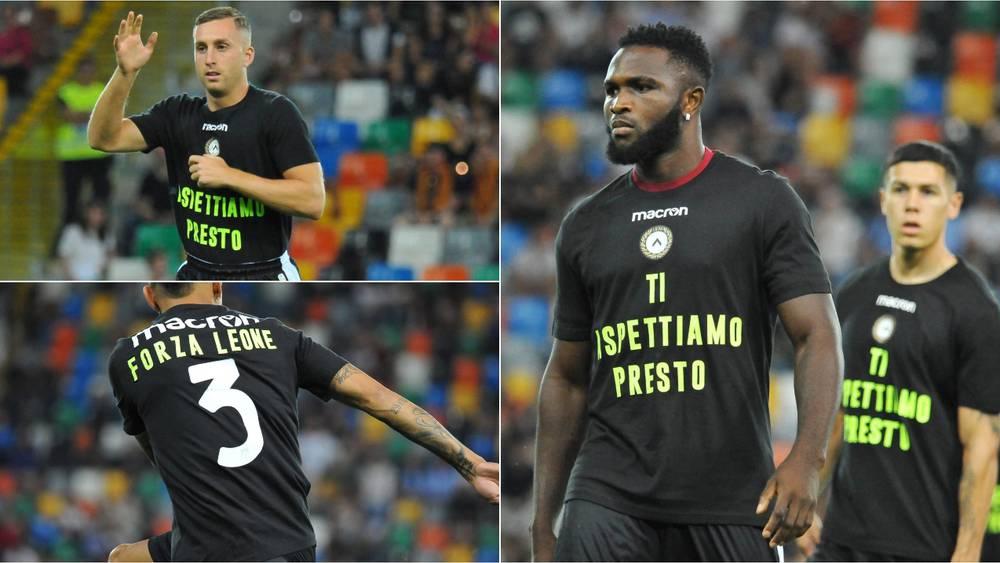 لاعبو أودينيزي يتضامنون مع ماسينا بعد إصابته بارتدائهم قميصا يحمل عبارة: "نحن في انتظارك.. إبق قويا يا أسد"