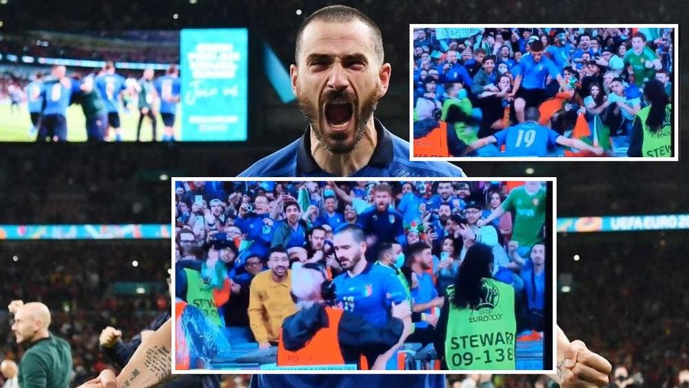 بالفيديو/ في لقطة طريفة.. "مسؤولة أمن" تمنع بونوتشي من العودة للملعب بعد الاحتفال قرب الجماهير ظنا منها أنه واحد منهم!